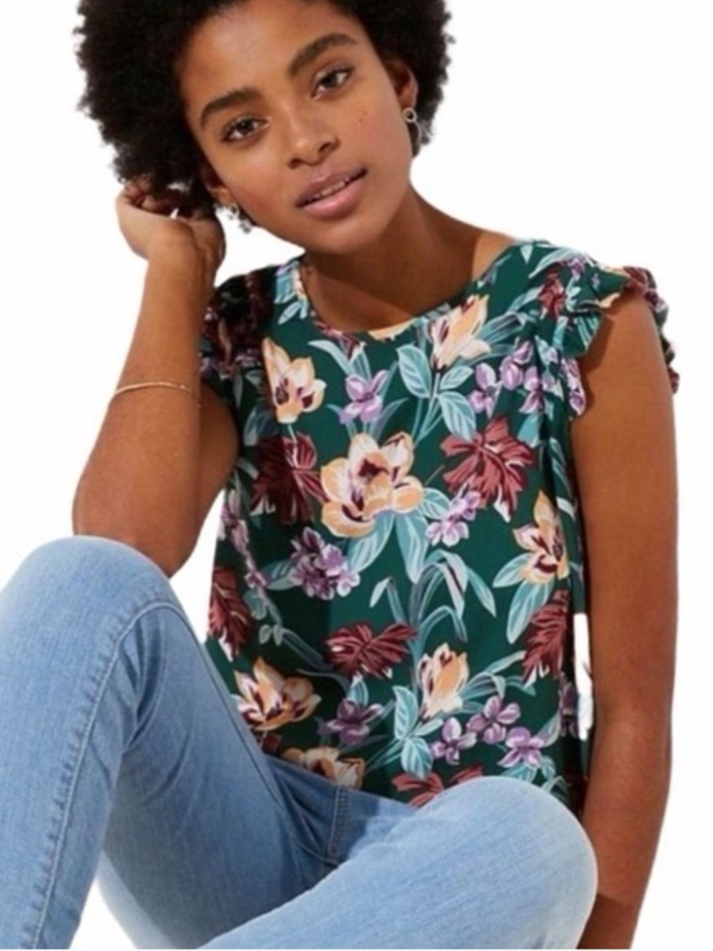 LOFT Green Floral Ruffled Sleeveless Blouse
